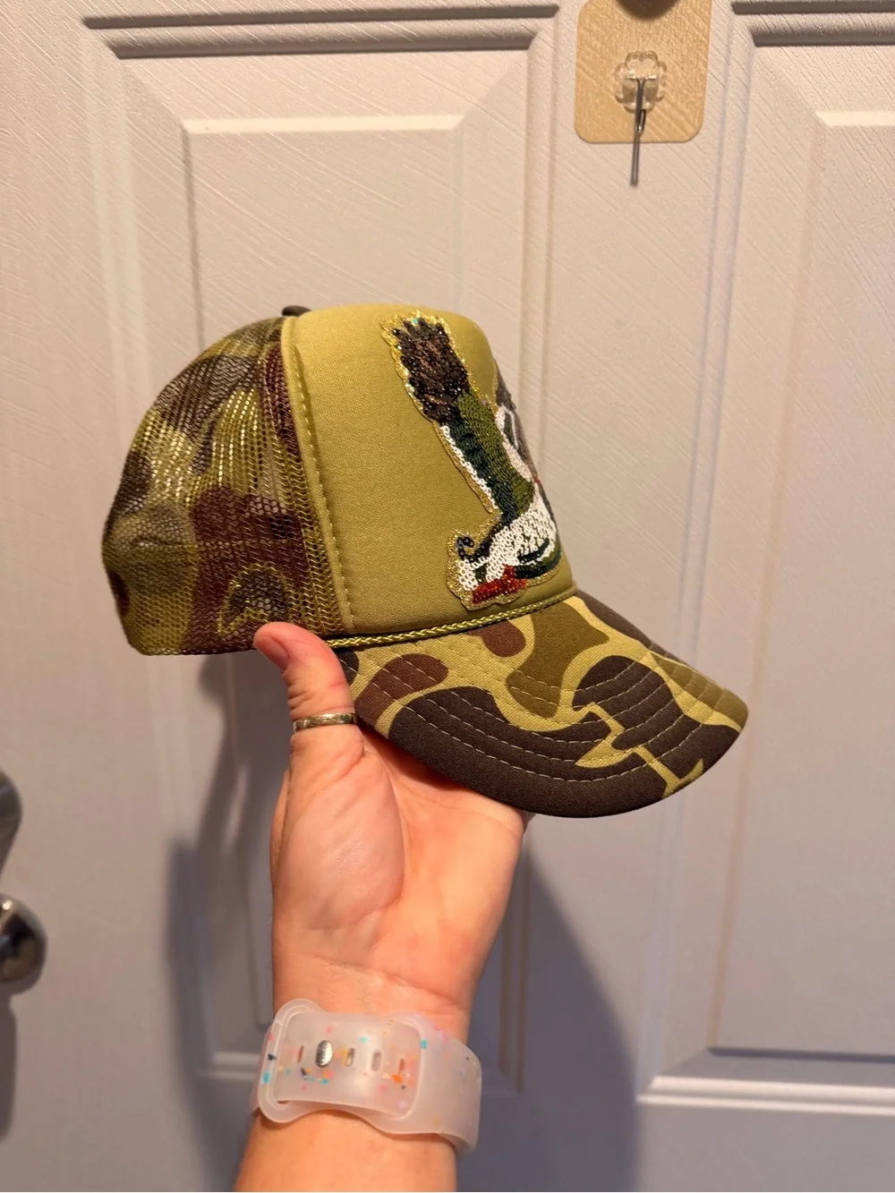 Sequin Mallard Duck Trucker Hat - Olive/Camo